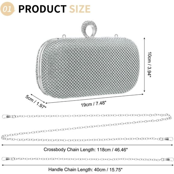 Women Silver Sparkly Rhinestone Evening Clutch Purse Crystal Ring Clasp Handbag - Picture 3 of 6